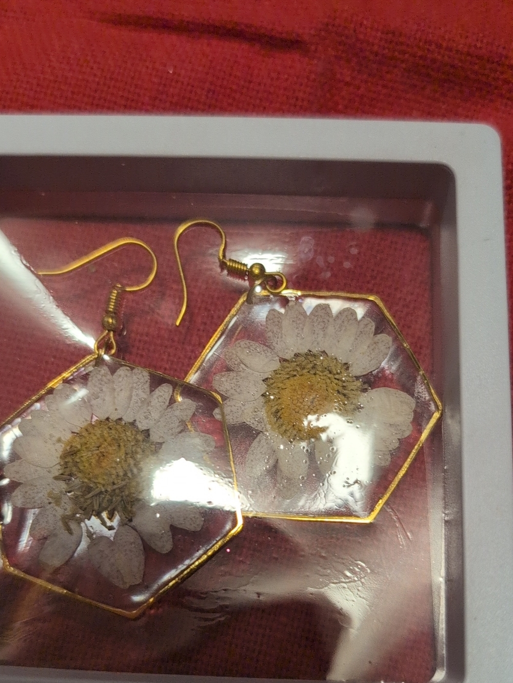 Gold-Trim White Daisy Resin Drop Earrings Handmade Real Flowers